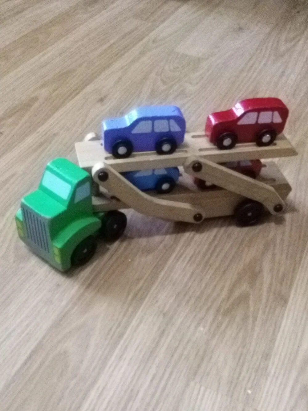 Melissa and Doug Used Wooden Semi Truck Car Carrier Set #4096 with Four Cars